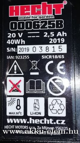 AKKUFELÚJÍTÁS HECHT 20V 2.5Ah Fűnyíró akku