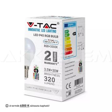   V-TAC E14 3.5W 4000K 320lm RGB+W távirányítóval gyertya SKU2776