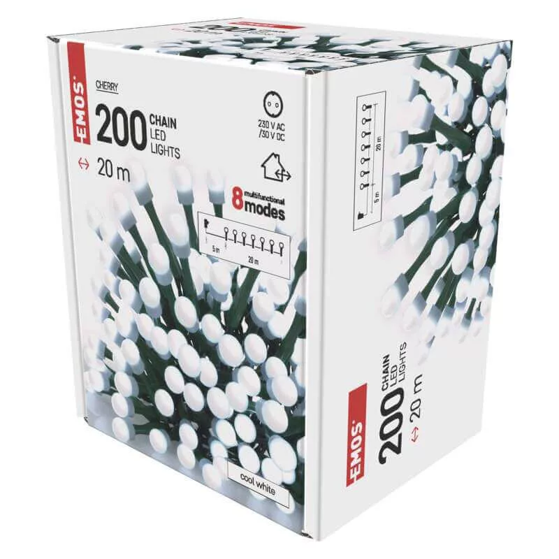 Karácsonyi füzér CHERRY 200 LED fehér 8 mode 20+5m IP44 230V adapterrel beltéri