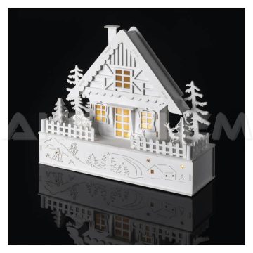   Karácsonyi házikó fából fehér 5 LED 30x28cm IP20 időzítővel 2xAA beltéri