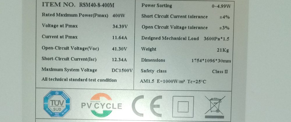 Napelem panel 400W 1754x1096x30mm (MC4 Csatlakozóval)