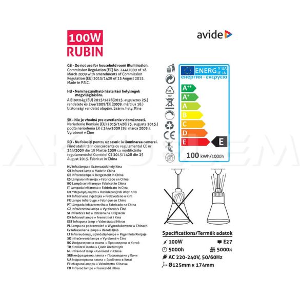 Avide Rubin infra izzó 230V 100W E27 R125