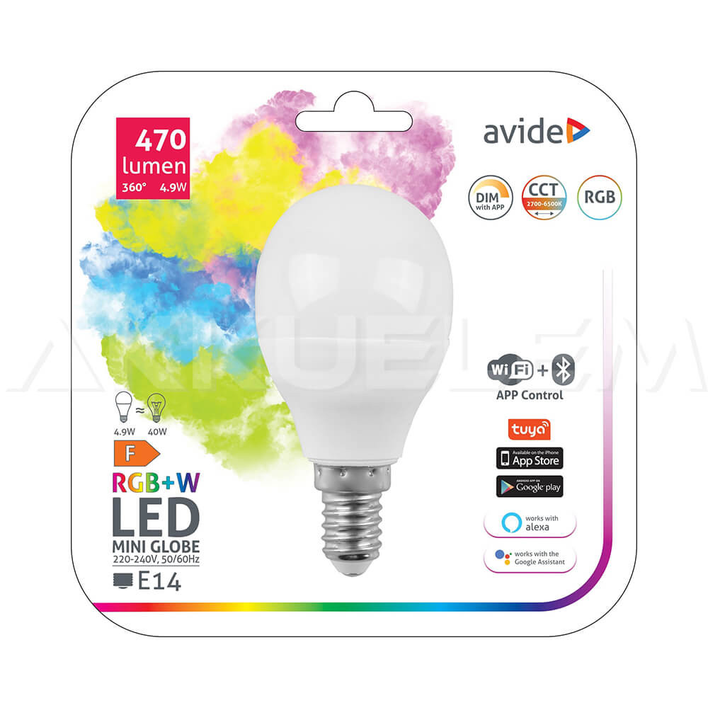 Avide E14 LED mini Globe A60 4.9W Wifi+ bluetooth APP Dimm 470lm