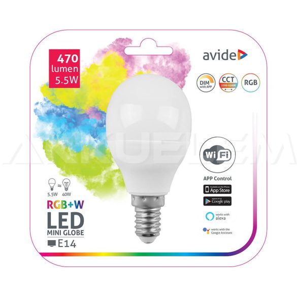 Avide E14 LED mini Globe A60 5.5W Wifi+ bluetooth APP Dimm 470lm RGB