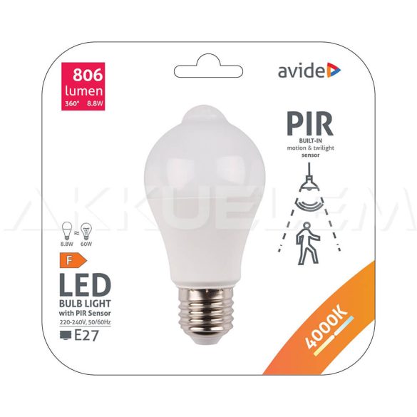 Avide E27 LED GLOBE A60 8.8W 806lum 4000K PIR mozgásérzékelő