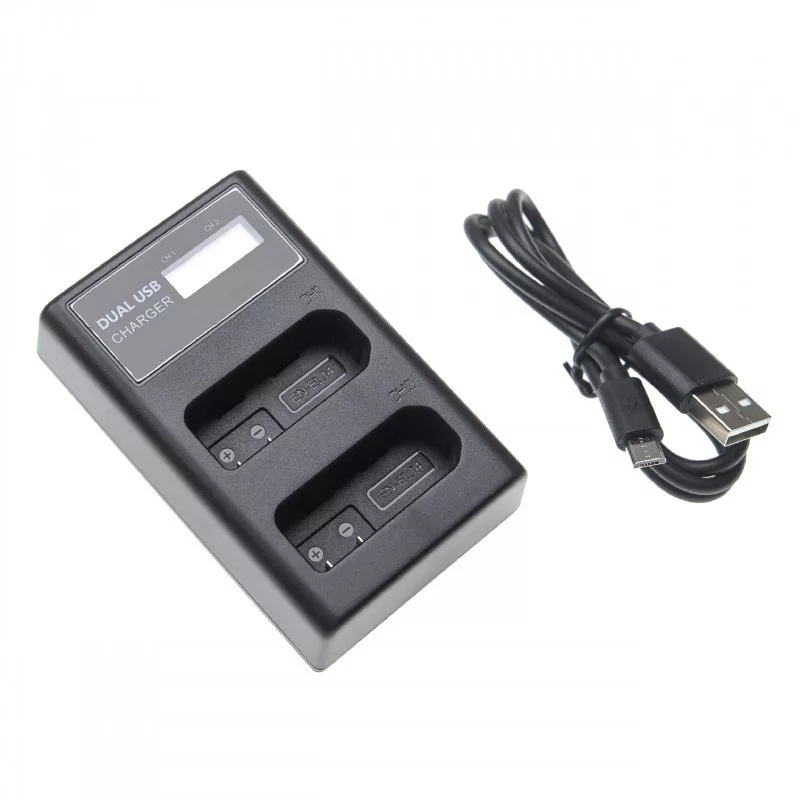 Két csatornás utángyártott akkutöltő (Micro USB / Type C) Nikon akkukhoz EN-EL14 LCD kijelzővel