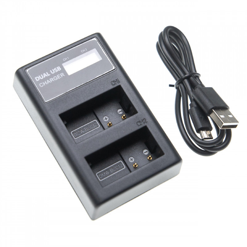 Két csatornás utángyártott akkutöltő (Micro USB / Type C) Panasonic akkukhoz DMW-BLC12 LCD kijelzővel