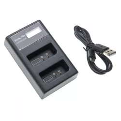   Két csatornás utángyártott akkutöltő (Micro USB / Type C) Canon akkuhoz LP-E10 LCD kijelzővel