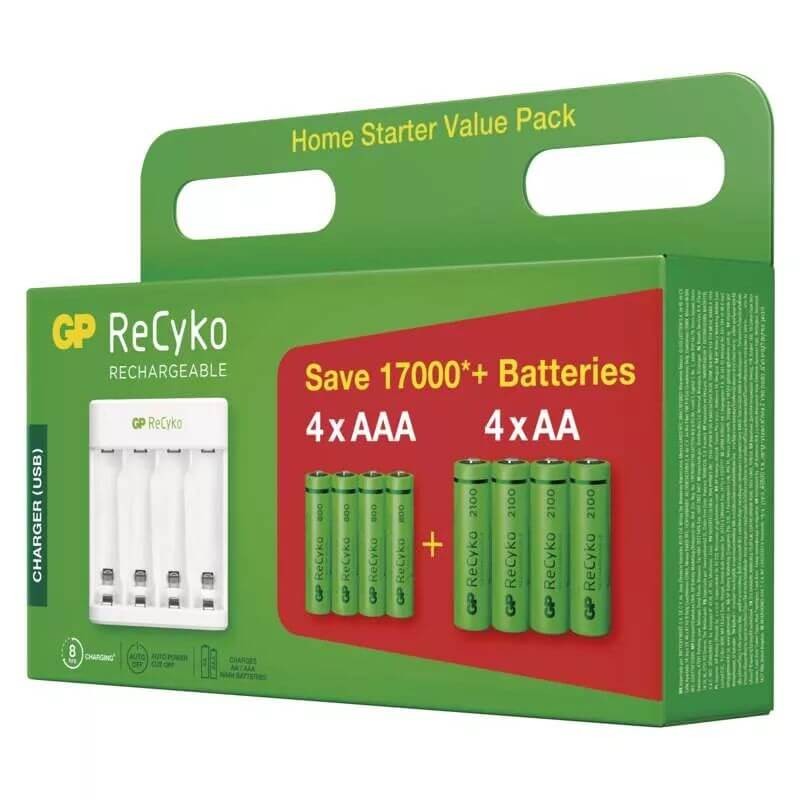GP Recyko E411 akkutöltő powerbank + 4db 2100mAh AA + 4db 850mAh AAA akkumulátorok