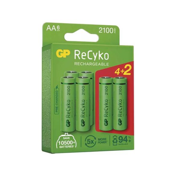 GP AA Recyko+ 2100mAh 1,2V Ni-MH akkumulátor 6db/csomag (zöld)