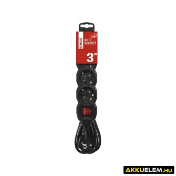   Hálózati hosszabbító 4 alj 3m kábel 16Amax 3*1.5mm2 fekete+kapcsoló