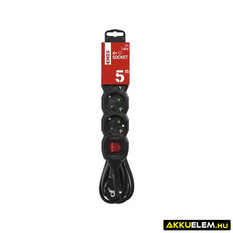 Hálózati hosszabbító 4 alj 5m kábel 16Amax 3*1.5mm2 + kapcsoló fekete