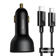   Baseus autós gyors töltő 100W-ig 1USB + 1USB-C 12-24V voltmérővel