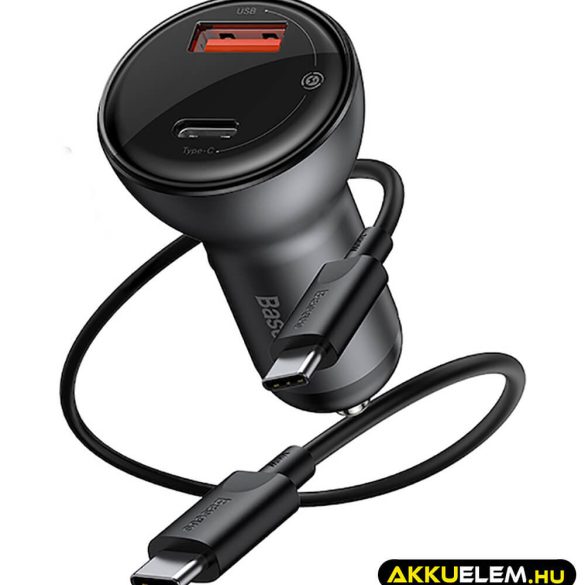 Baseus gyors autós töltő 12-24V 65W  1USB+ 1USB-C voltmérővel PD3 + kábel