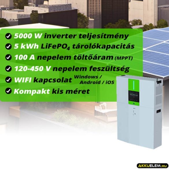 LiFePO4 MPPT Energiatároló rendszer 5000VA Inverter 5kWh Akkumulátor (ESS-A510)