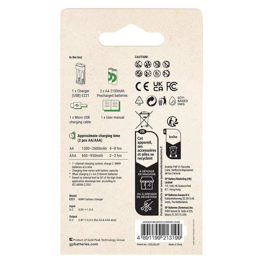GP ReCyko E221 akkutöltő Powerbank + 2db 2100mAh AA akku