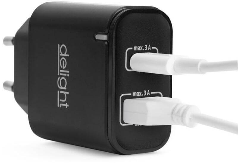 Hálózati Adapter USB + USB-C Type-C PD20W gyorstöltéssel Delight FEKETE