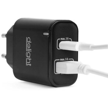   Hálózati Adapter USB + USB-C Type-C PD20W gyorstöltéssel Delight FEKETE