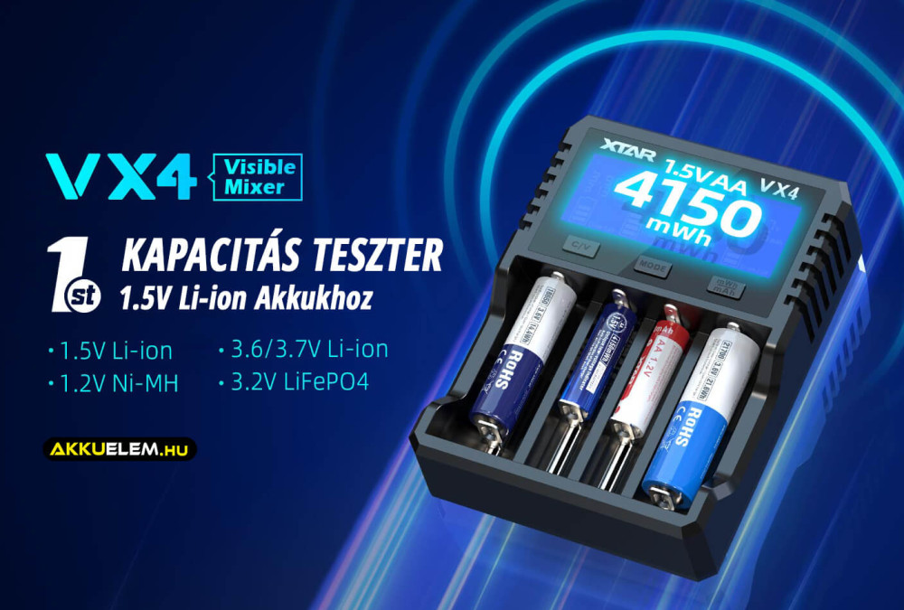 XTAR VX4 Ni-MH, LiFePO4, 1,5V és 3,6V/3,7V Li-ion teszter töltő hálózati adapterrel