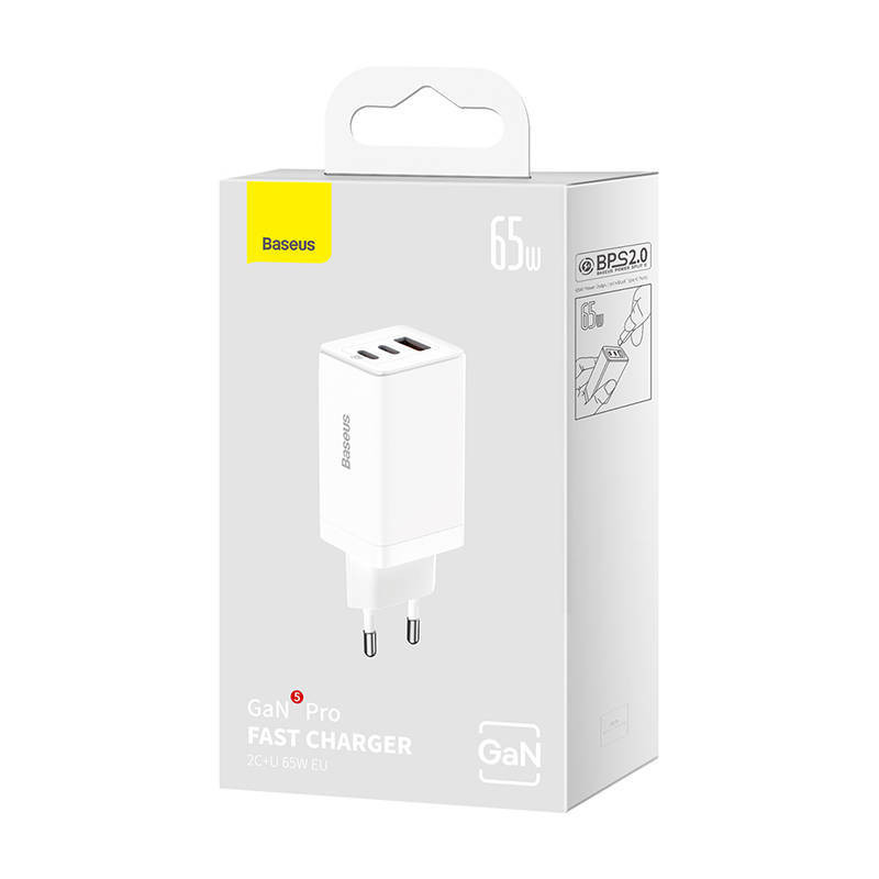 Baseus GaN5 Pro hálózati gyorstöltő, 2xUSB-C + USB, 65W (fehér)