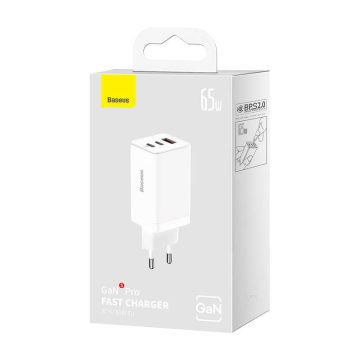  Baseus GaN5 Pro hálózati gyorstöltő, 2xUSB-C + USB, 65W (fehér)