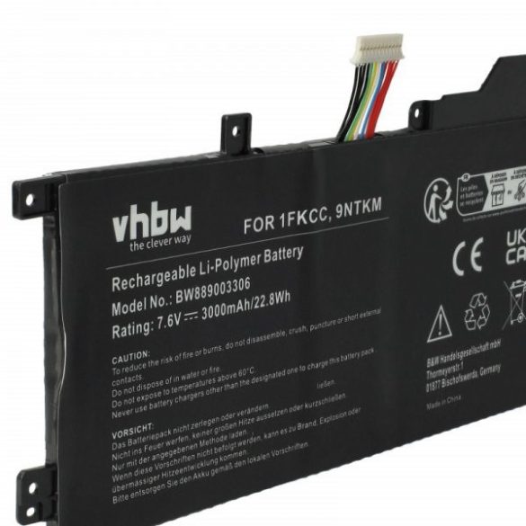 Dell 09NTKM, 1FKCC, 9NTKM, 0D9J00, 0KWWW4 - 3000 mAh 7.6 V Li-polymer, fekete - Utángyártott notebook akku