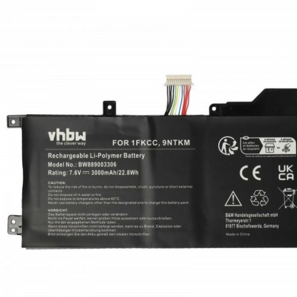 Dell 09NTKM, 1FKCC, 9NTKM, 0D9J00, 0KWWW4 - 3000 mAh 7.6 V Li-polymer, fekete - Utángyártott notebook akku