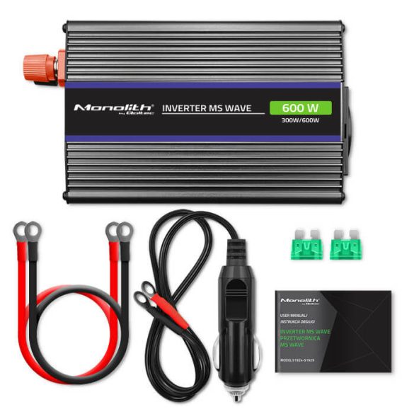 Inverter Qoltec 12V 300W/600W trapéz -1 x usb -szivargyújtó + szemes sarus kábel