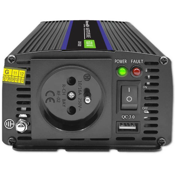 Inverter Qoltec 12V 300W/600W trapéz -1 x usb -szivargyújtó + szemes sarus kábel