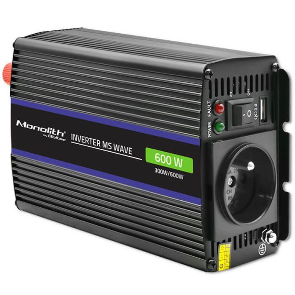 Inverter Qoltec 12V 300W/600W trapéz -1 x usb -szivargyújtó + szemes sarus kábel