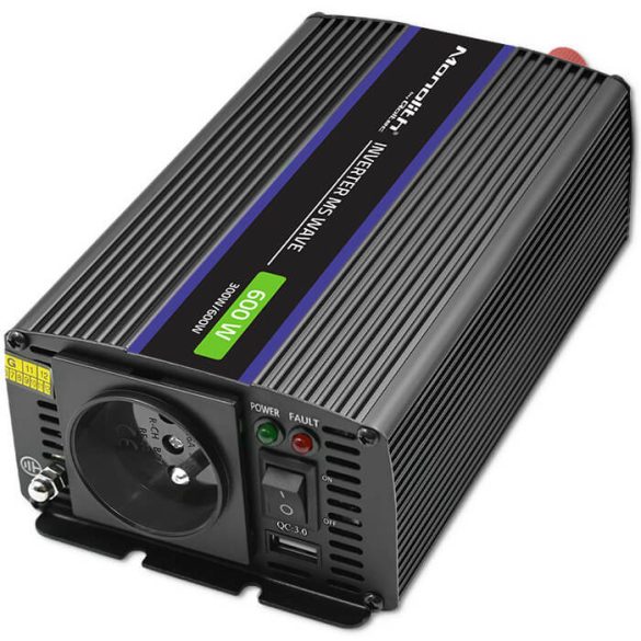 Inverter Qoltec 12V 300W/600W trapéz -1 x usb -szivargyújtó + szemes sarus kábel
