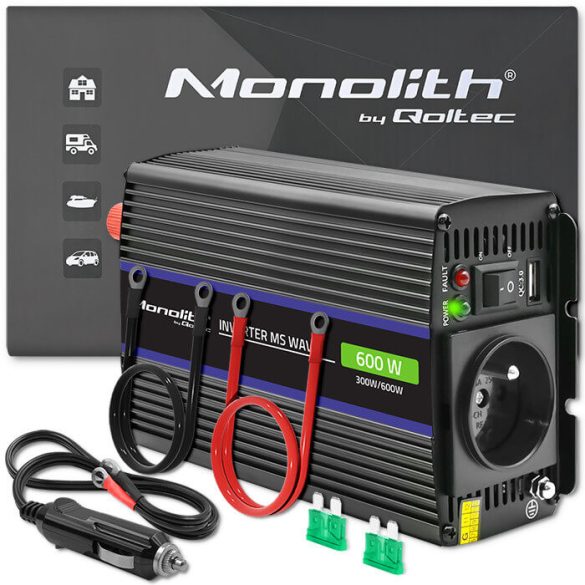 Inverter Qoltec 12V 300W/600W trapéz -1 x usb -szivargyújtó + szemes sarus kábel