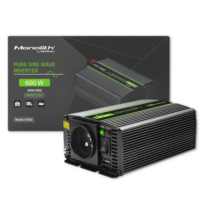 Inverter Qoltec 12V 300W/600W SINUS -1 x usb - szemes sarus kábellel