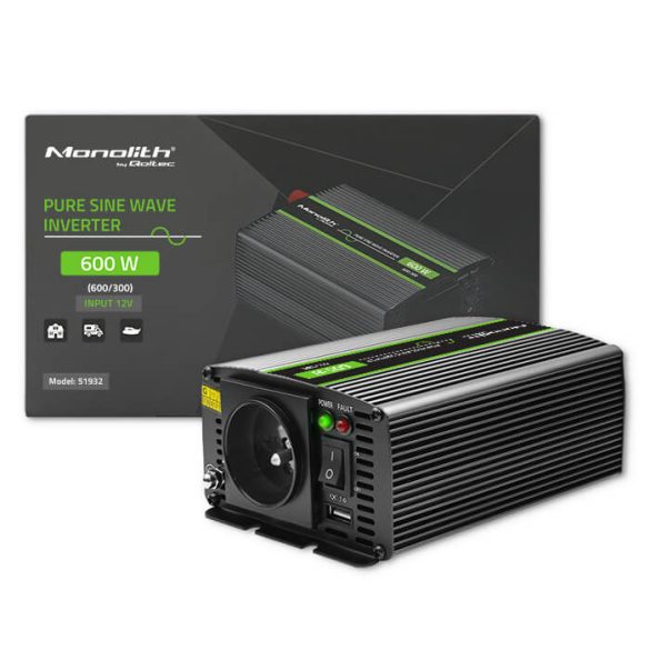 Inverter Qoltec 12V 300W/600W SINUS -1 x usb - szemes sarus kábellel
