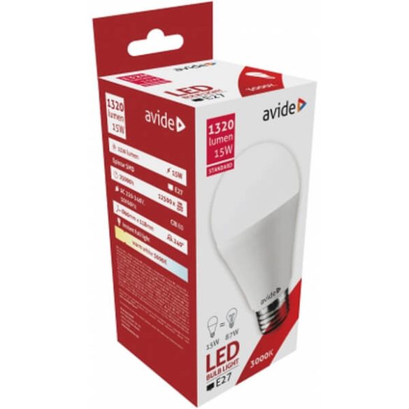 Avide E27 A60 LED Globe 15W/ 85W 3000K 240° 1250lm