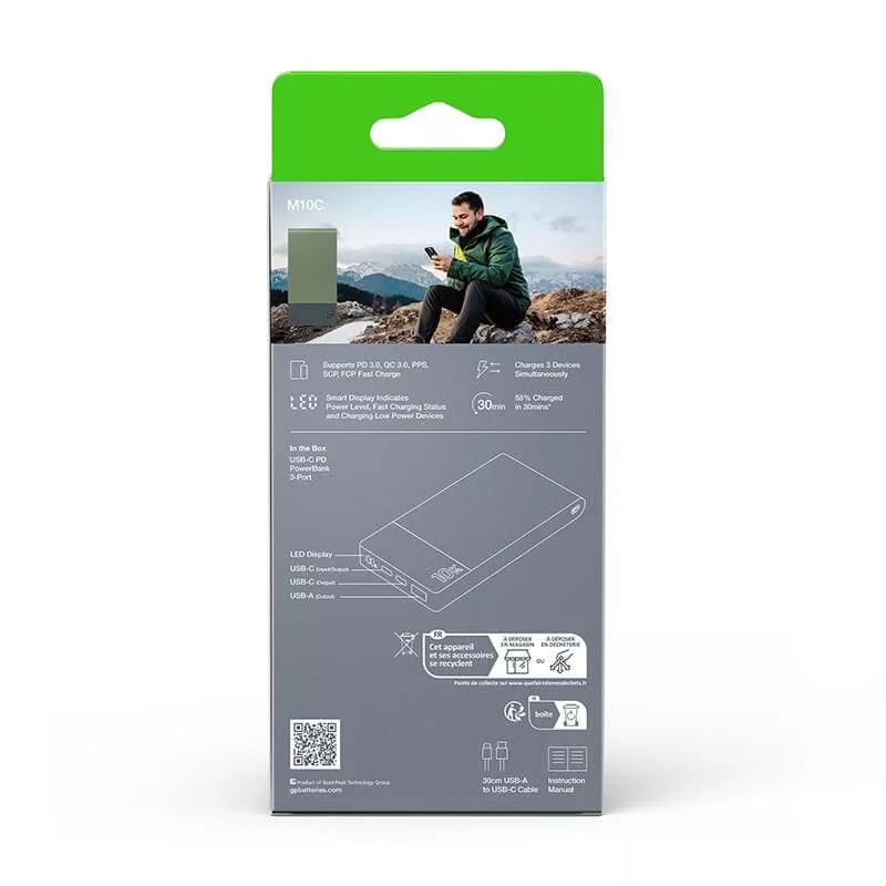 GP Powerbank M10C, 10000mAh 22,5W LED kijelzővel ZÖLD M2+