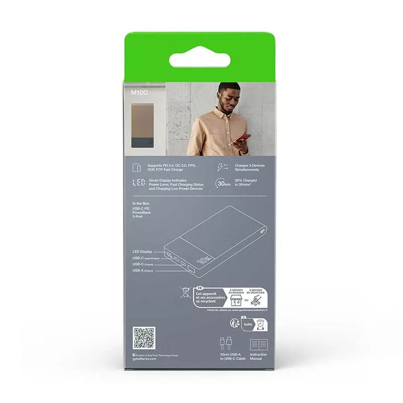 GP Powerbank M10C, 10000mAh 22,5W LED kijelzővel beige M2+