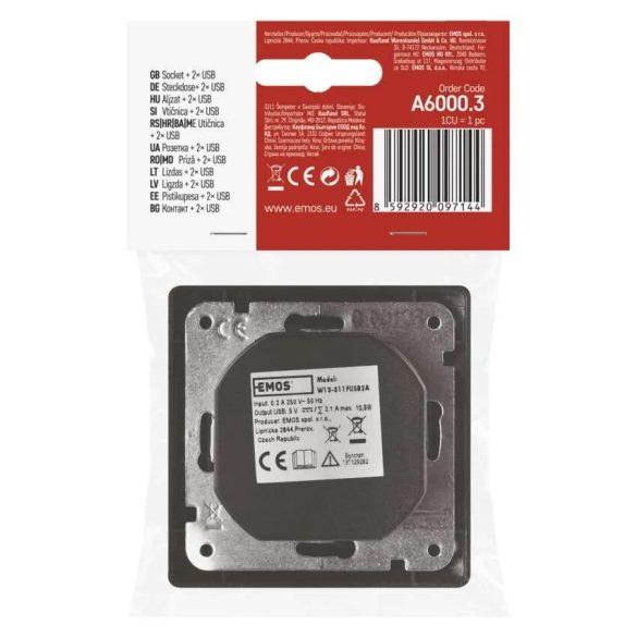 Fali aljzat 2* USB-vel 2.1A töltő 16A max. A6000.3