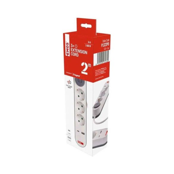 Hálózati hosszabbító 3 alj 2m kábel + kapcsoló + USB-A+ USB-C