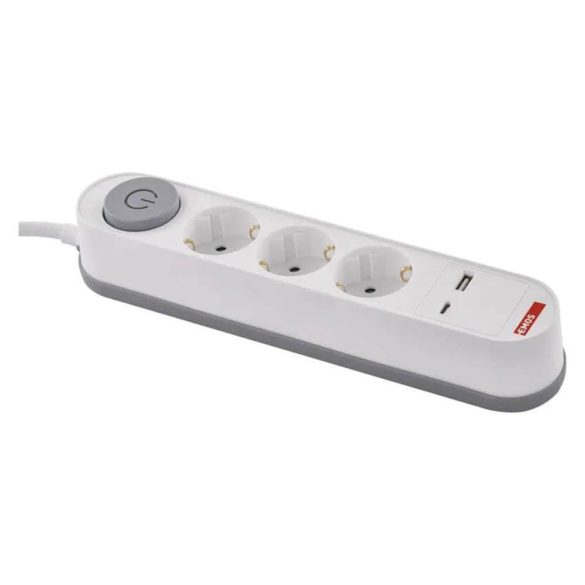 Hálózati hosszabbító 3 alj 2m kábel + kapcsoló + USB-A+ USB-C
