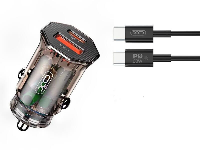   XO CC50 autós töltő USB and USB-C PD 30W + USB-C - Lightning kábel 1m