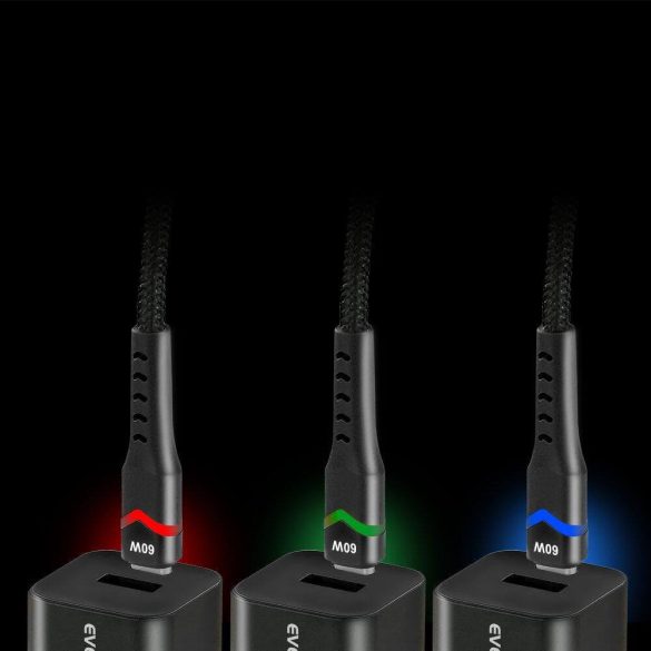 everActive USB-C PD RGB LED kábel 60W 20V/3A gyorstöltés fekete