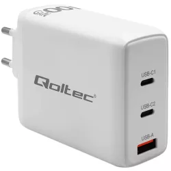   Qoltec USB töltő 100W GaN 100W GaN |5-20V| 1.5-5A | 2x USB-C PD | 1x USB QC 3.0