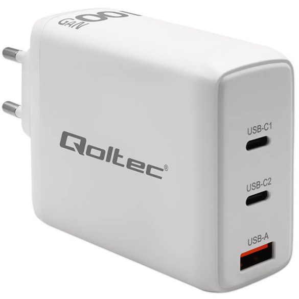 Qoltec USB töltő 100W GaN 100W GaN |5-20V| 1.5-5A | 2x USB-C PD | 1x USB QC 3.0