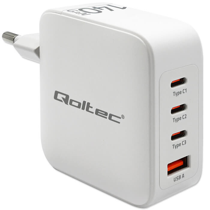   Qoltec USB töltő 140W GaN |5-20V| 2.5-5A | 3x USB-C PD | 1x USB QC 3.0