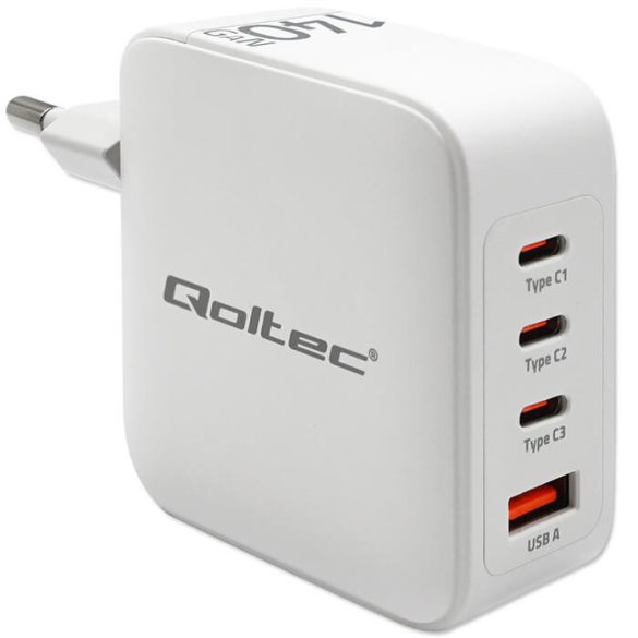 Qoltec USB töltő 140W GaN |5-20V| 2.5-5A | 3x USB-C PD | 1x USB QC 3.0