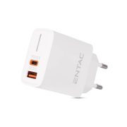   Entac Hálózati gyorstöltő PD & QC, USB + USB-C, 20W, fehér