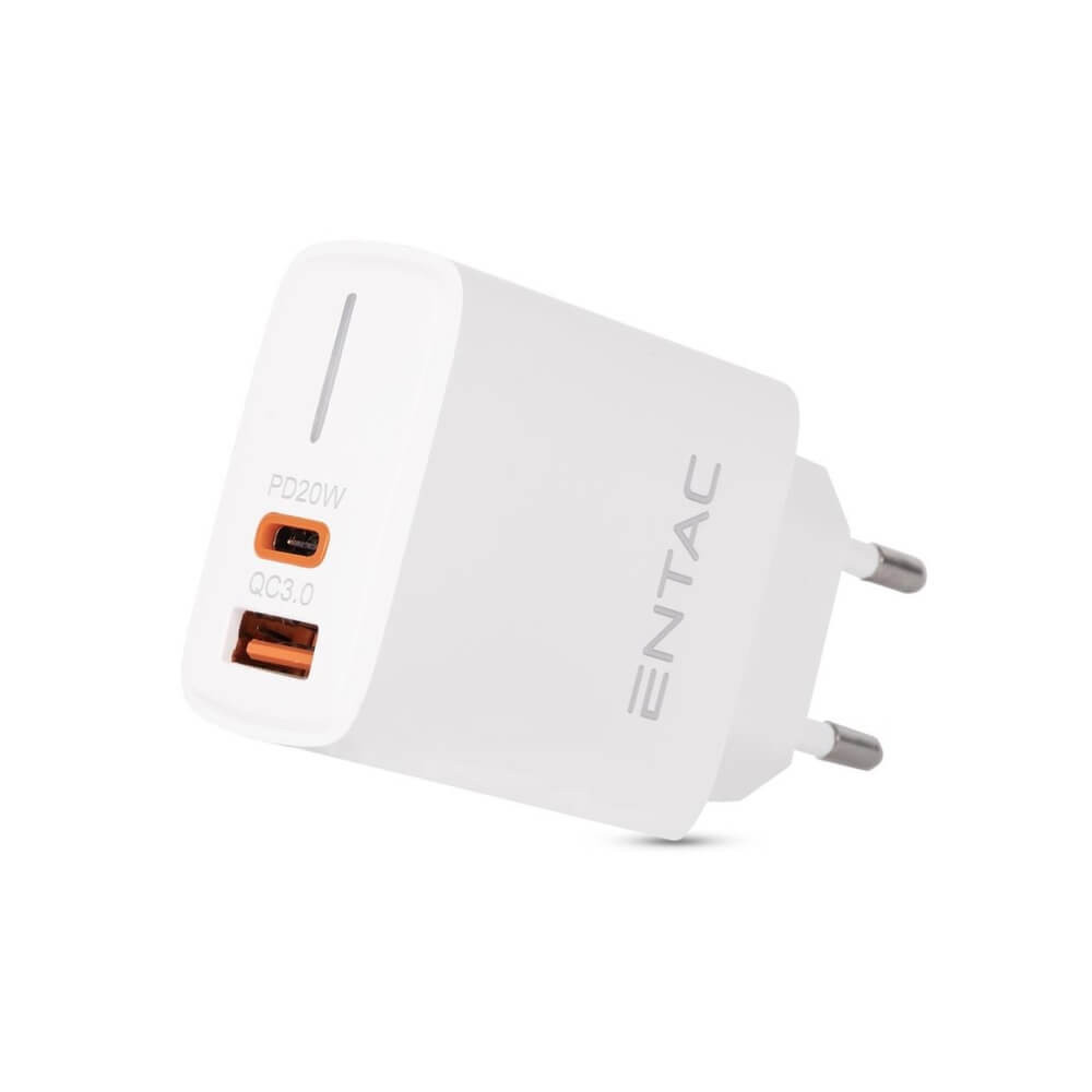   Entac Hálózati gyorstöltő PD & QC, USB + USB-C, 20W, fehér