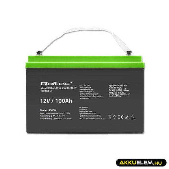 Qoltec GEL Akkumulátor 12V 100Ah lakókocsihoz, hajóhoz, biztonsági rendszerekhez