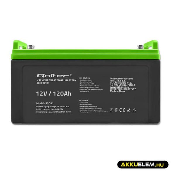 Qoltec GEL Akkumulátor 12V 120Ah lakókocsihoz, hajóhoz, biztonsági rendszerekhez